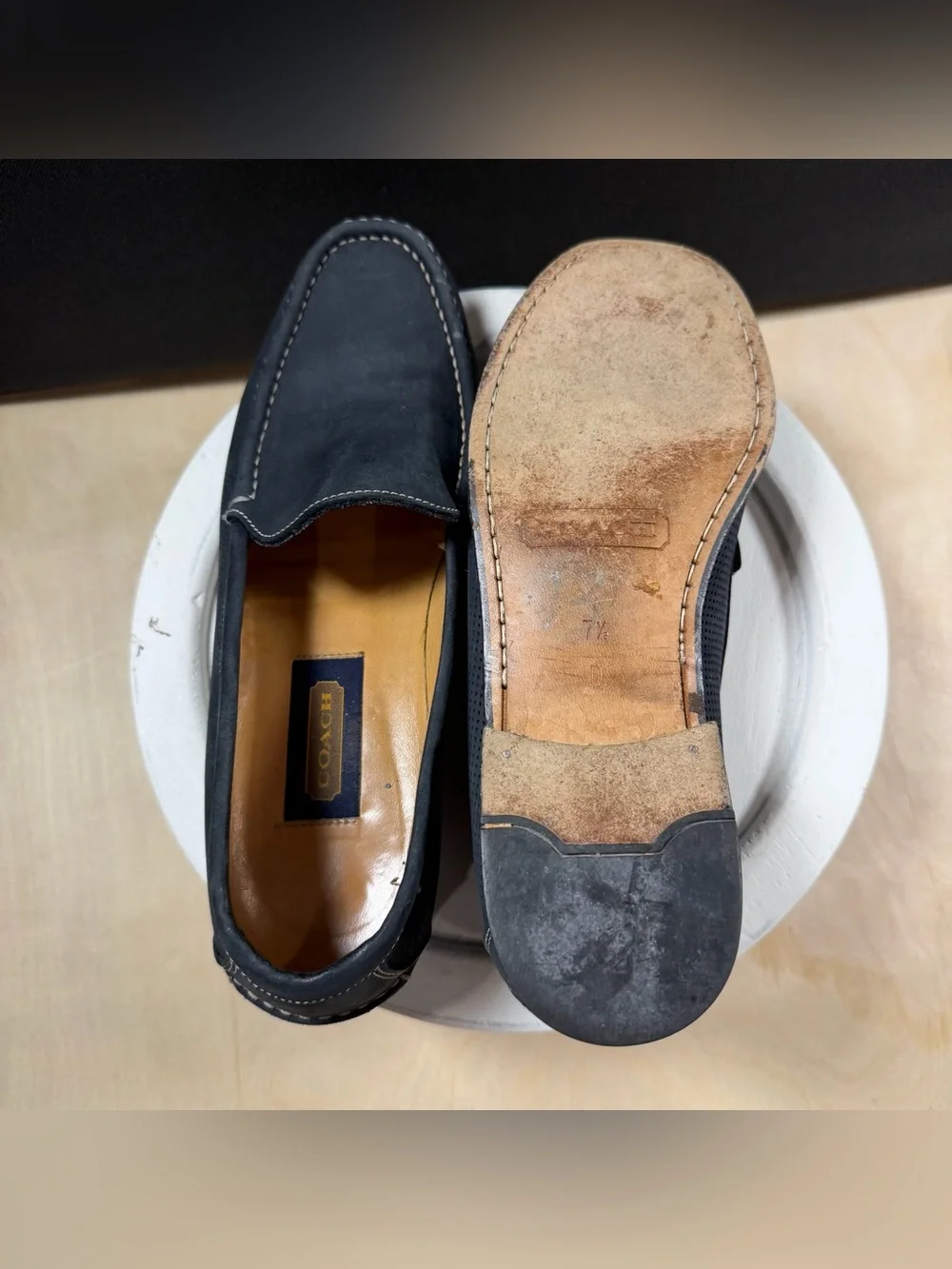 Men’s Coach Blue Leather Moccasin Driving Shoe W/Contrast Stitching Size 7.5